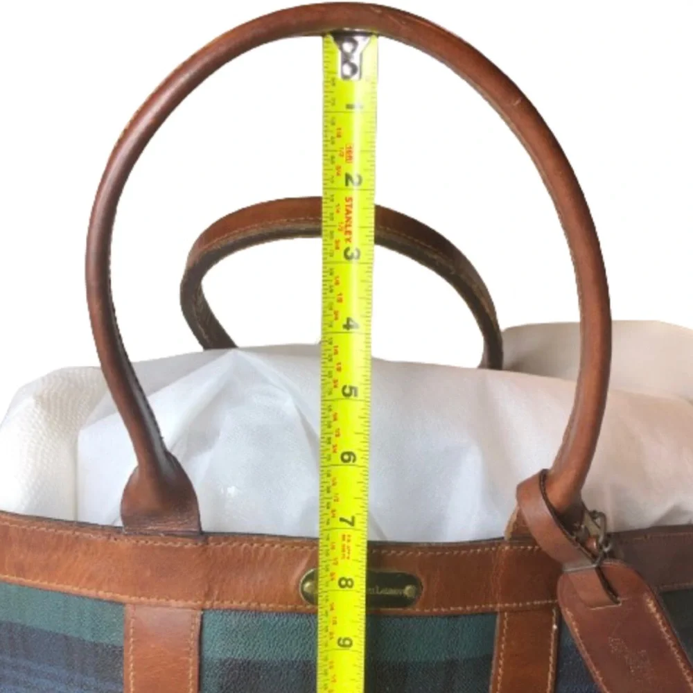 RALPH LAUREN Black Watch Plaid Oversized Coated Canvas Brown Leather Travel Bag